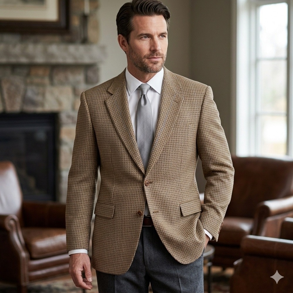 Brooks Brothers Blazer Mens 42L Tan Wool Houndstooth Windowpane Italy Vintage